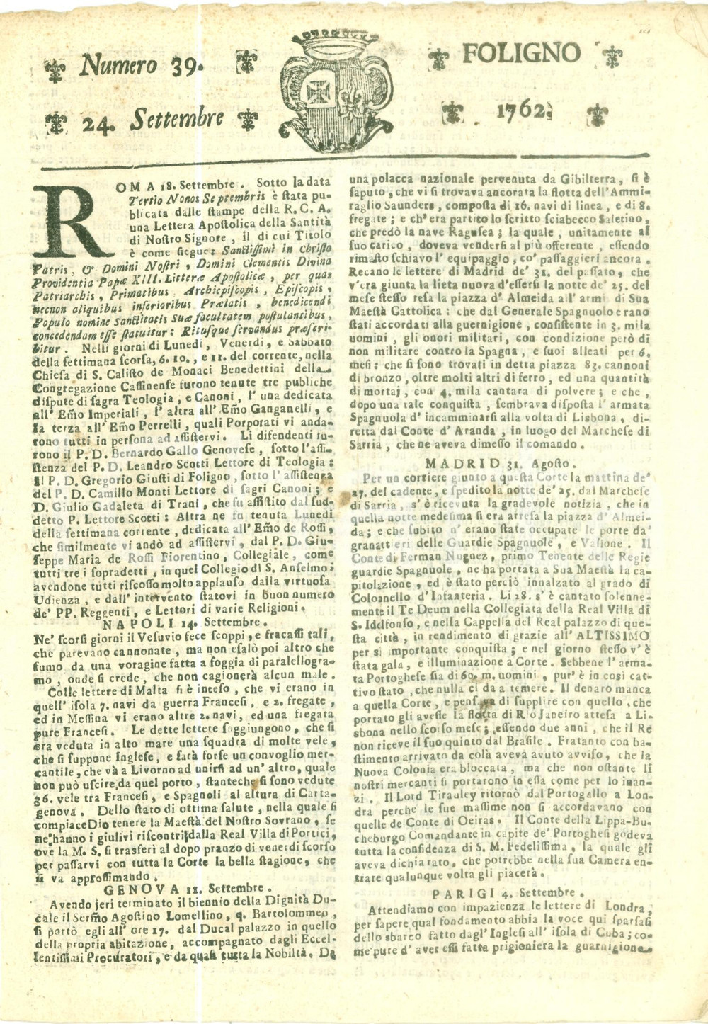 Giornale, rivista storica 1762 GIORNALE DI FOLIGNO 39 Si radunano armate in tutta EUROPA Guerra Sette Anni 1
