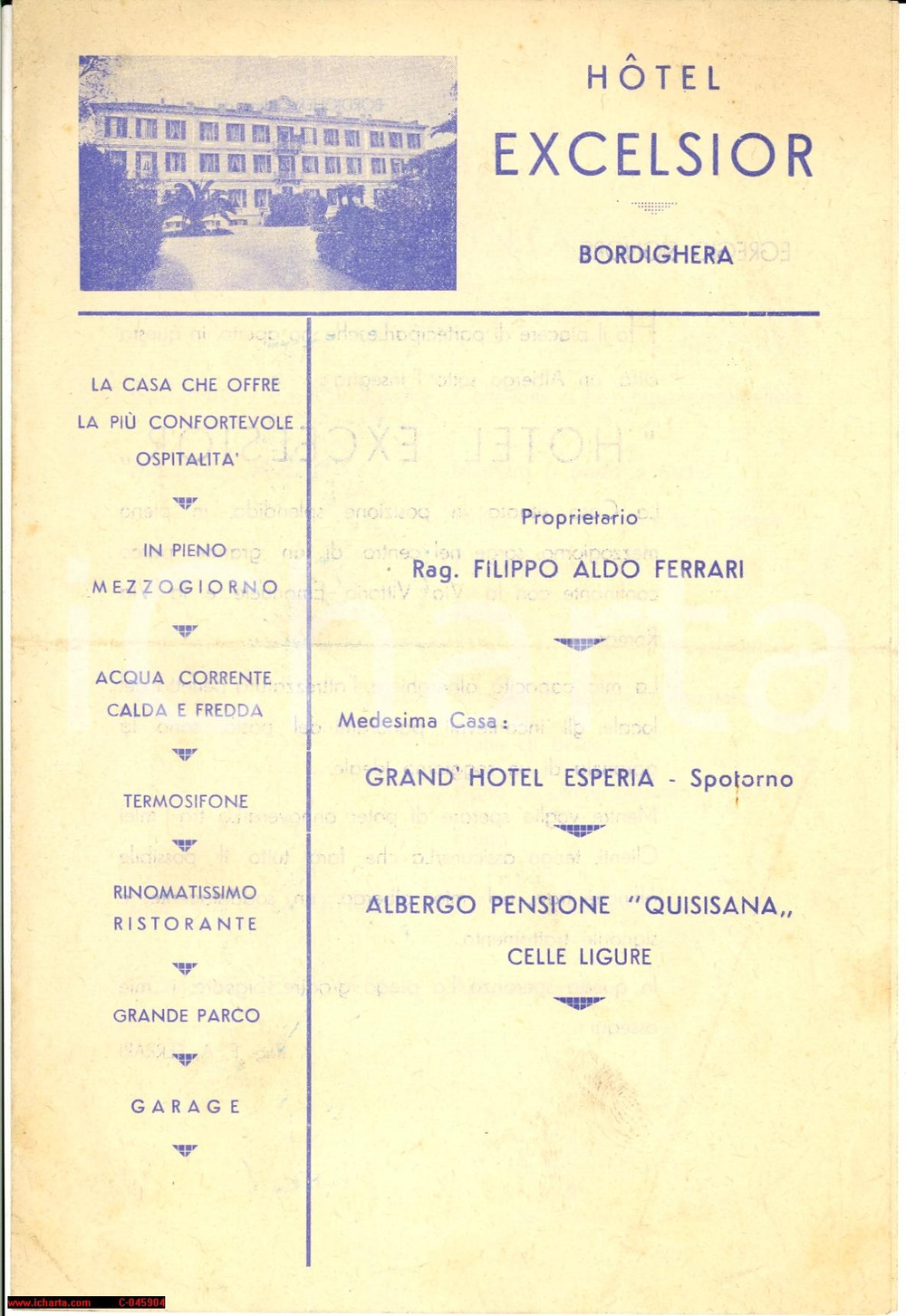 Materiale pubblicitario d’epoca 1930 ca BORDIGHERA (IM) Hotel EXCELSIOR volantino 1