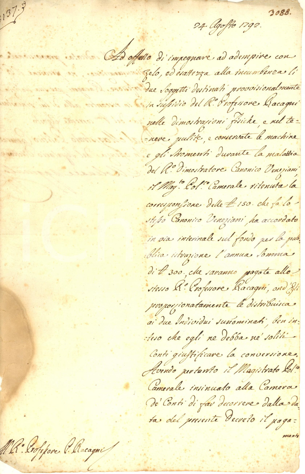 Documento originale, autentico 1792 MILANO Regio Ginnasio BRERA Sussidio all abate Giuseppe Maria RACCAGNI 1