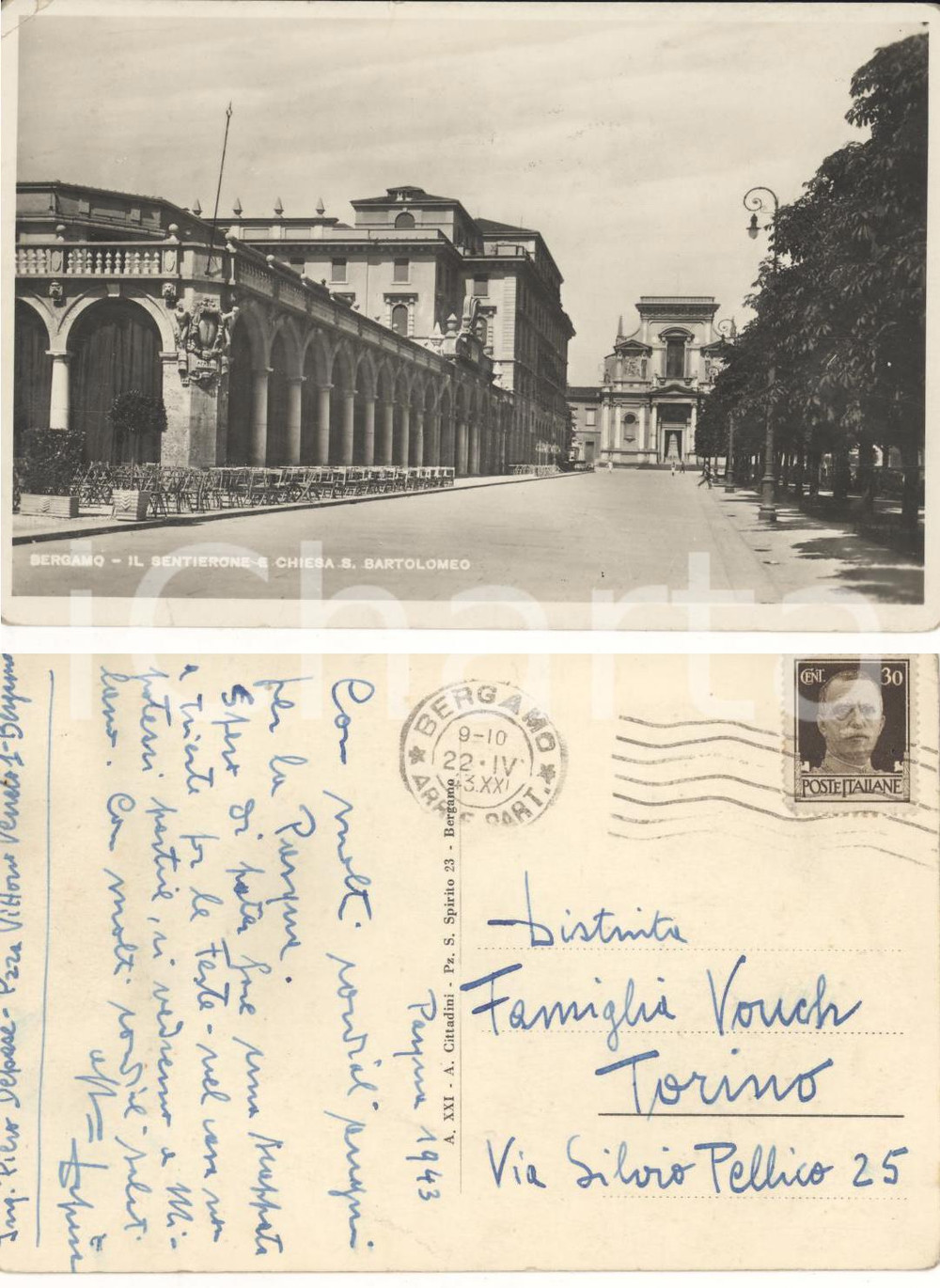 Autografo originale 1943 BERGAMO Sentierone e chiesa S. Bartolomeo *Ing. Piero DEPASE FP VG 1