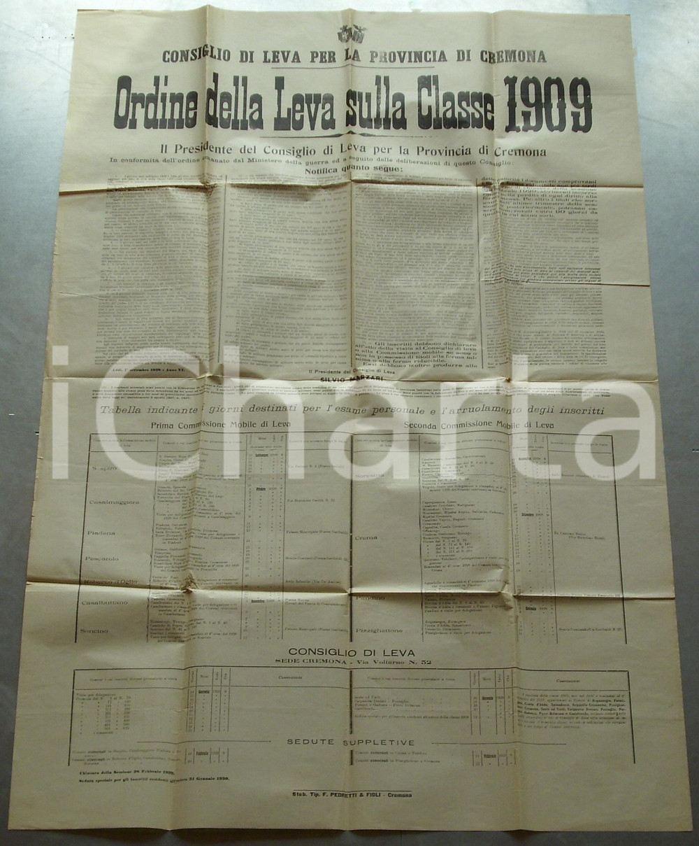 Documento originale, autentico 1929 CAPPELLA CANTONE CR Leva Classe 1909 MANIFESTO 1