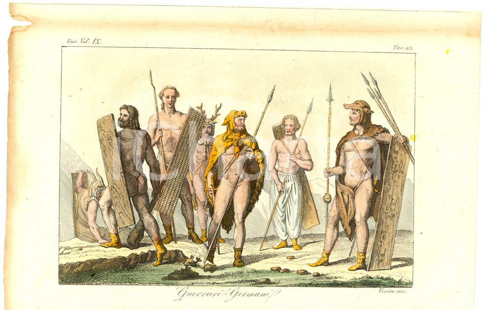 Stampa, bozzetto originale 1829 Guerrieri Germani in costume tradizionale  Incisione VERICO 1