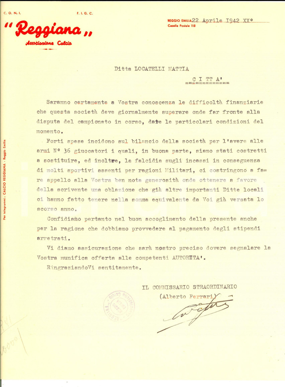 Manoscritto, lettera originale 1942 Associazione CALCIO REGGIANA Alberto FERRARI chiede aiuto per la squadra 1