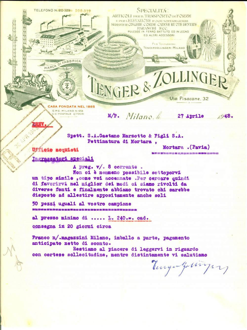 Documento originale, autentico 1948 MILANO Ditta TENGER & ZOLLINGER  Preventivo per ingrassatori speciali 1