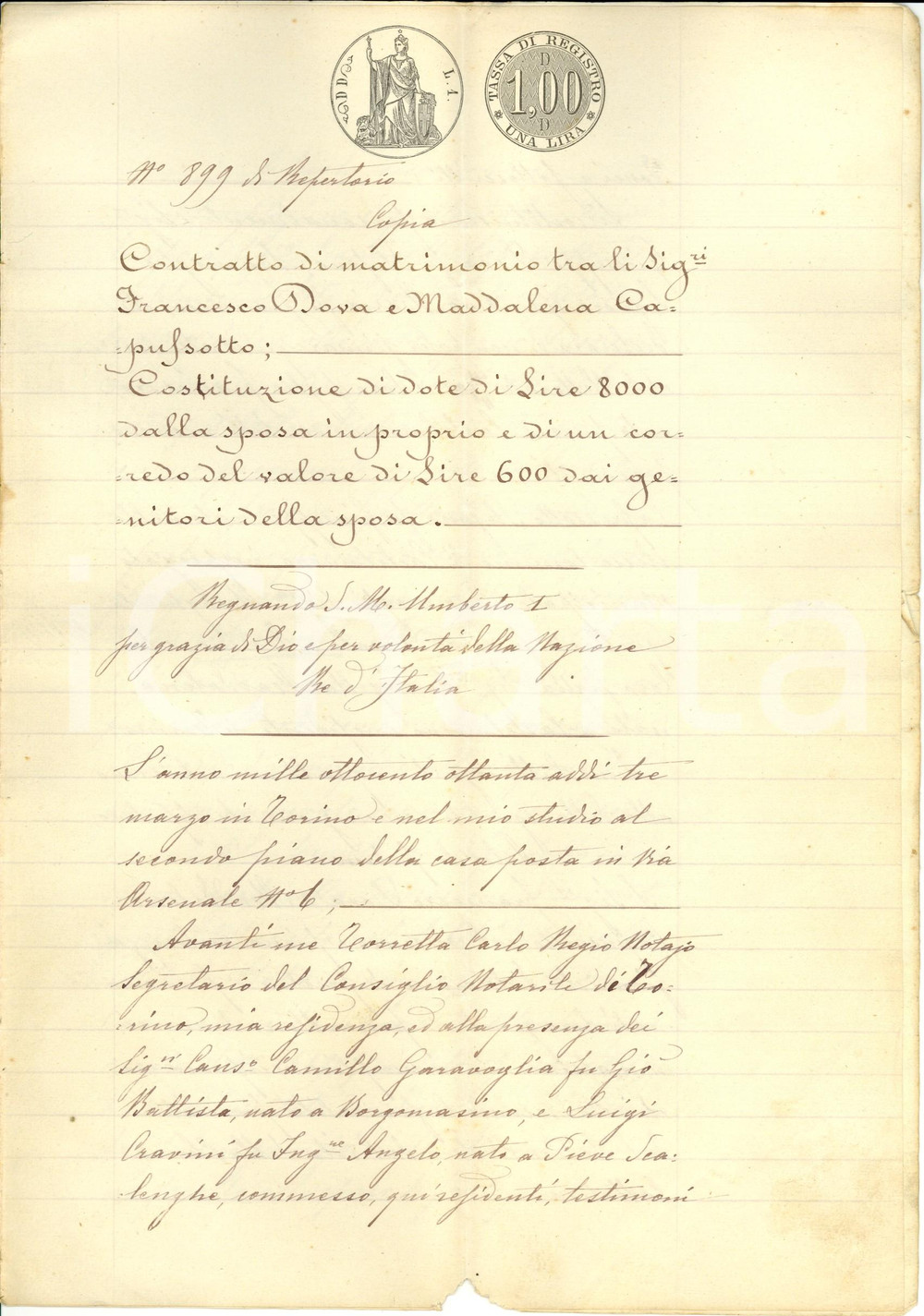 Documento originale, autentico 1881 CASTELNUOVO CALCEA AT Contratto matrimonio e corredo Maddalena CAPUSSOTTO 1