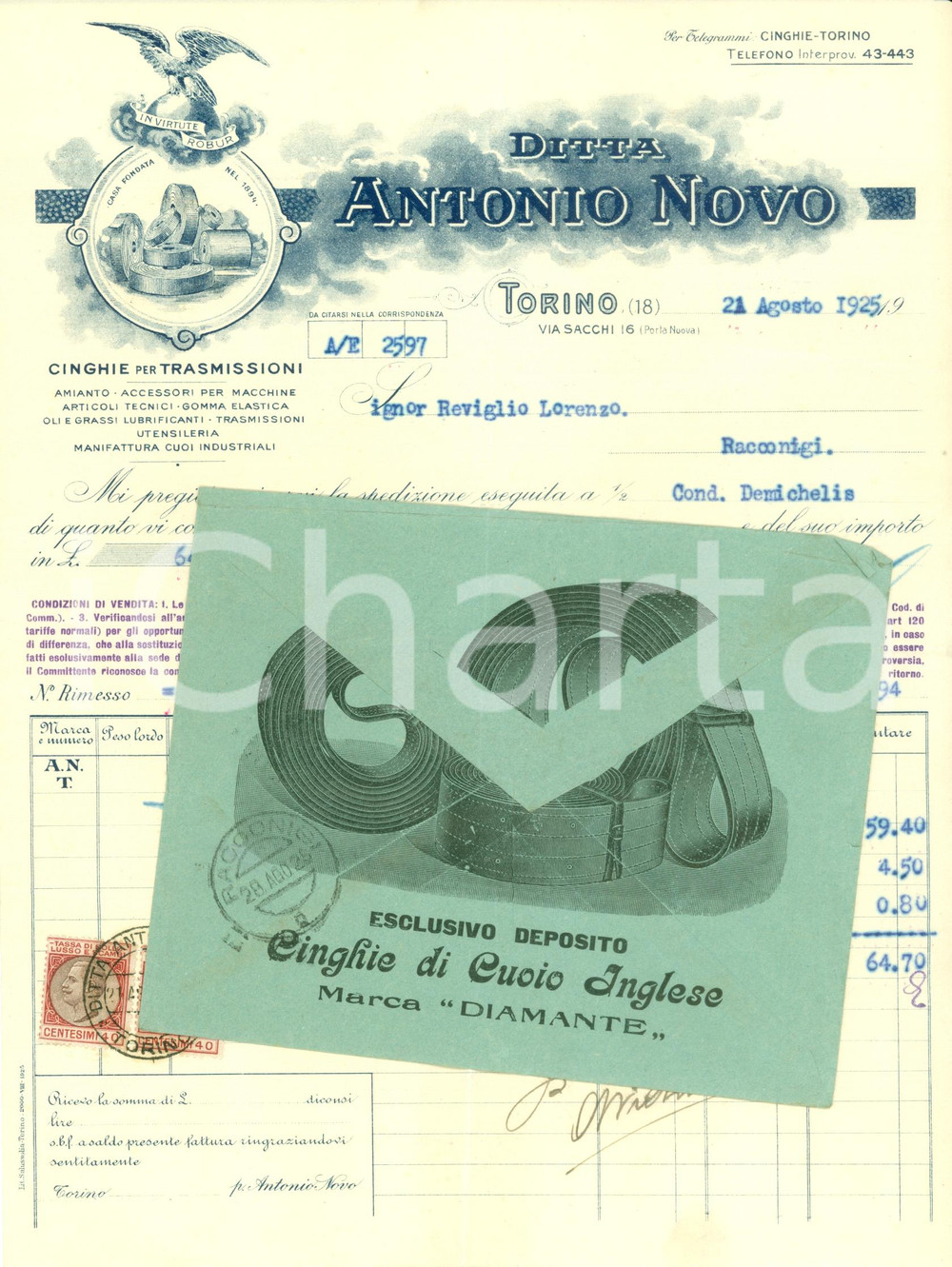 Documento originale, autentico 1925 TORINO Ditta Antonio NOVO cinghie per trasmissioni Fattura commerciale 1