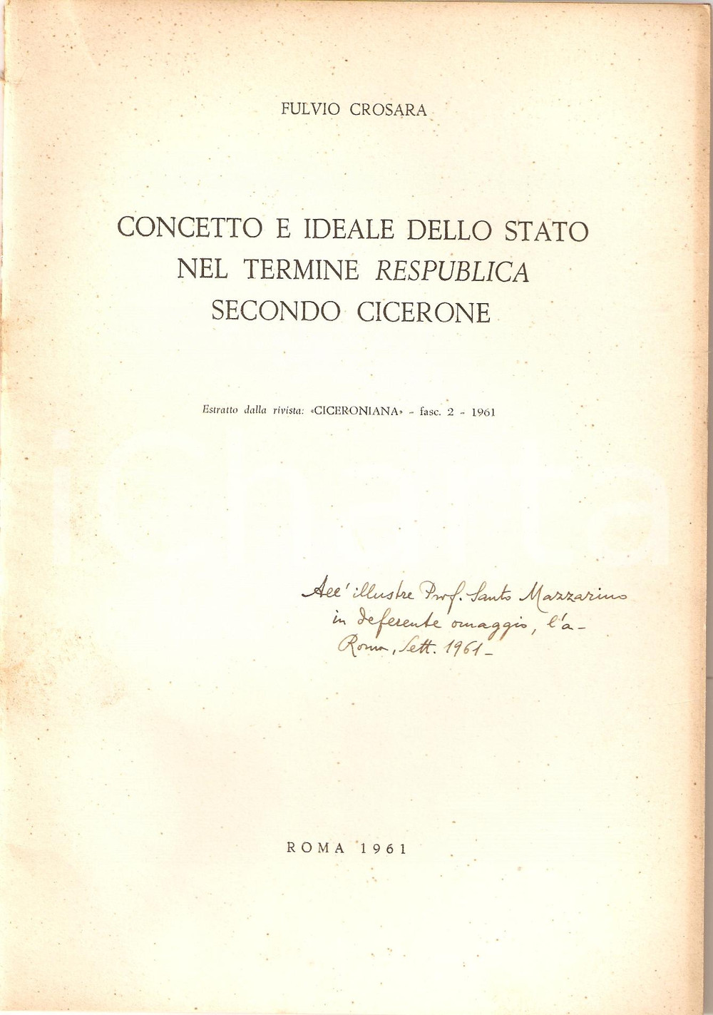 Oggetto da collezione cartaceo 1961 Fulvio CROSARA Il termine respublica in CICERONE 1