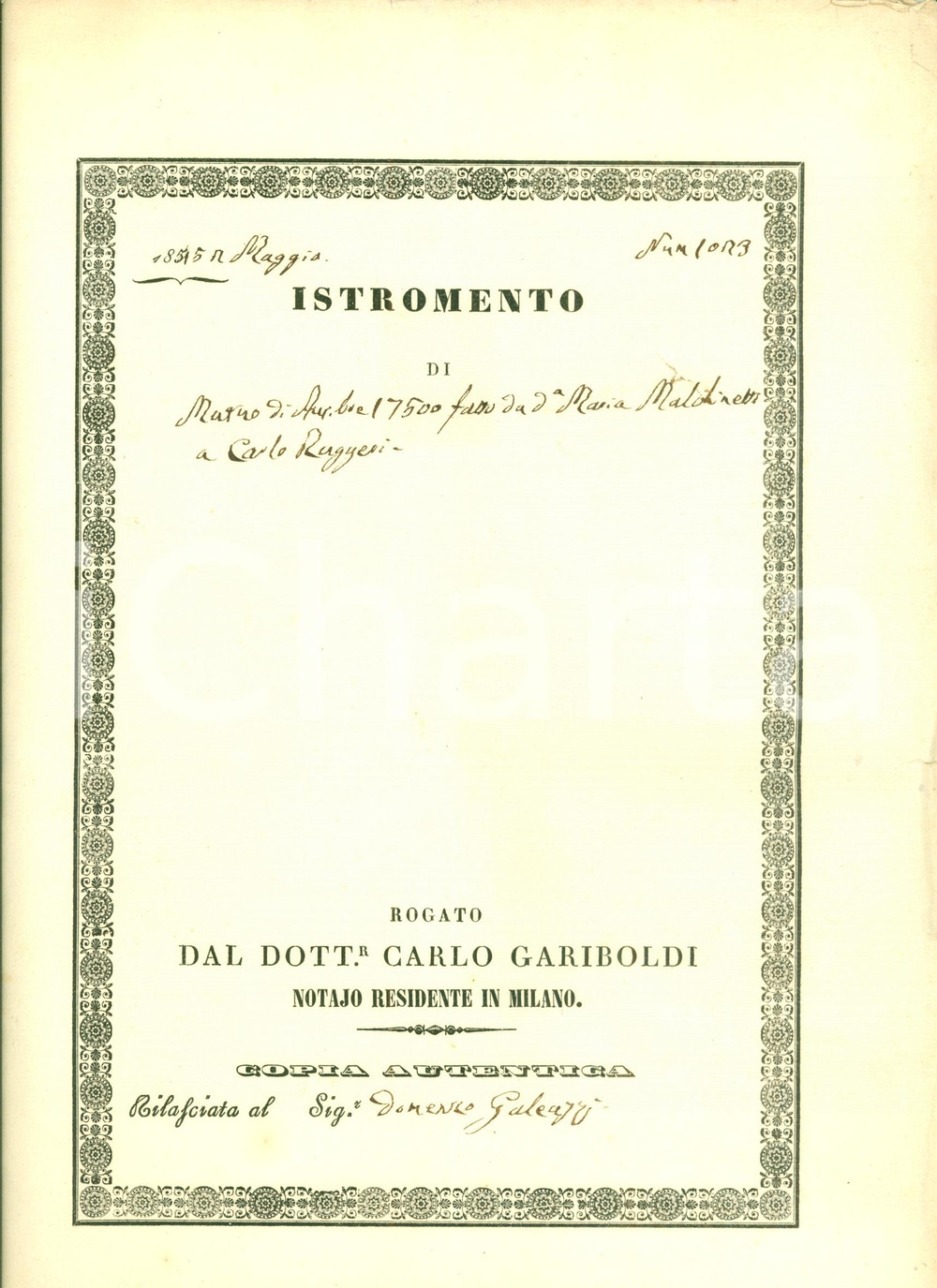 Documento originale, autentico 1845 CUGGIONO MI Immobili Carlo RUGGERI in pegno per Maria MALCHINETTI 16 pp. 1