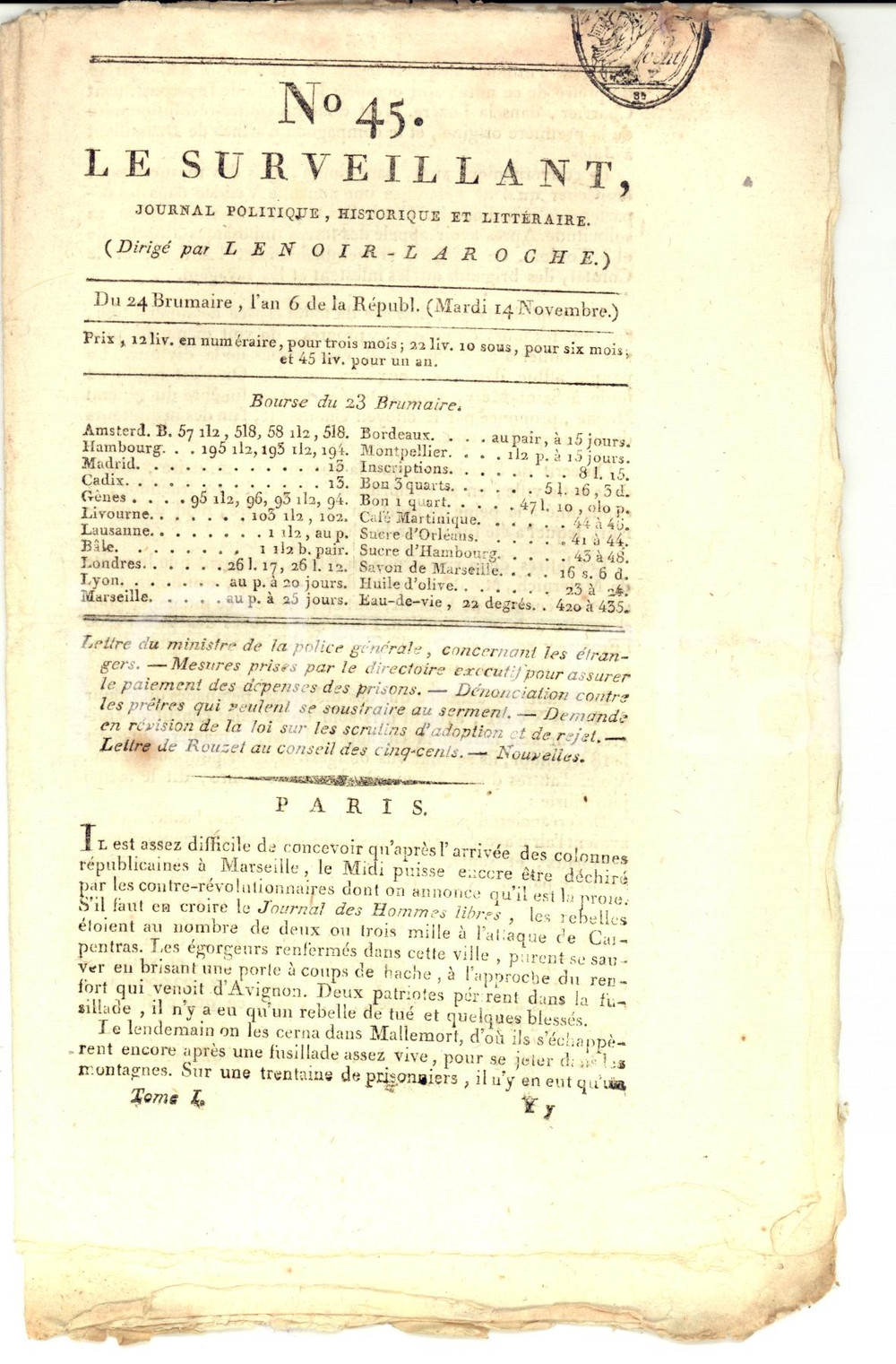 Giornale, rivista storica 1798 LE SURVEILLANT Gazette REVOLUTION nÂ° 45 Preti che rifiutano il giuramento 1