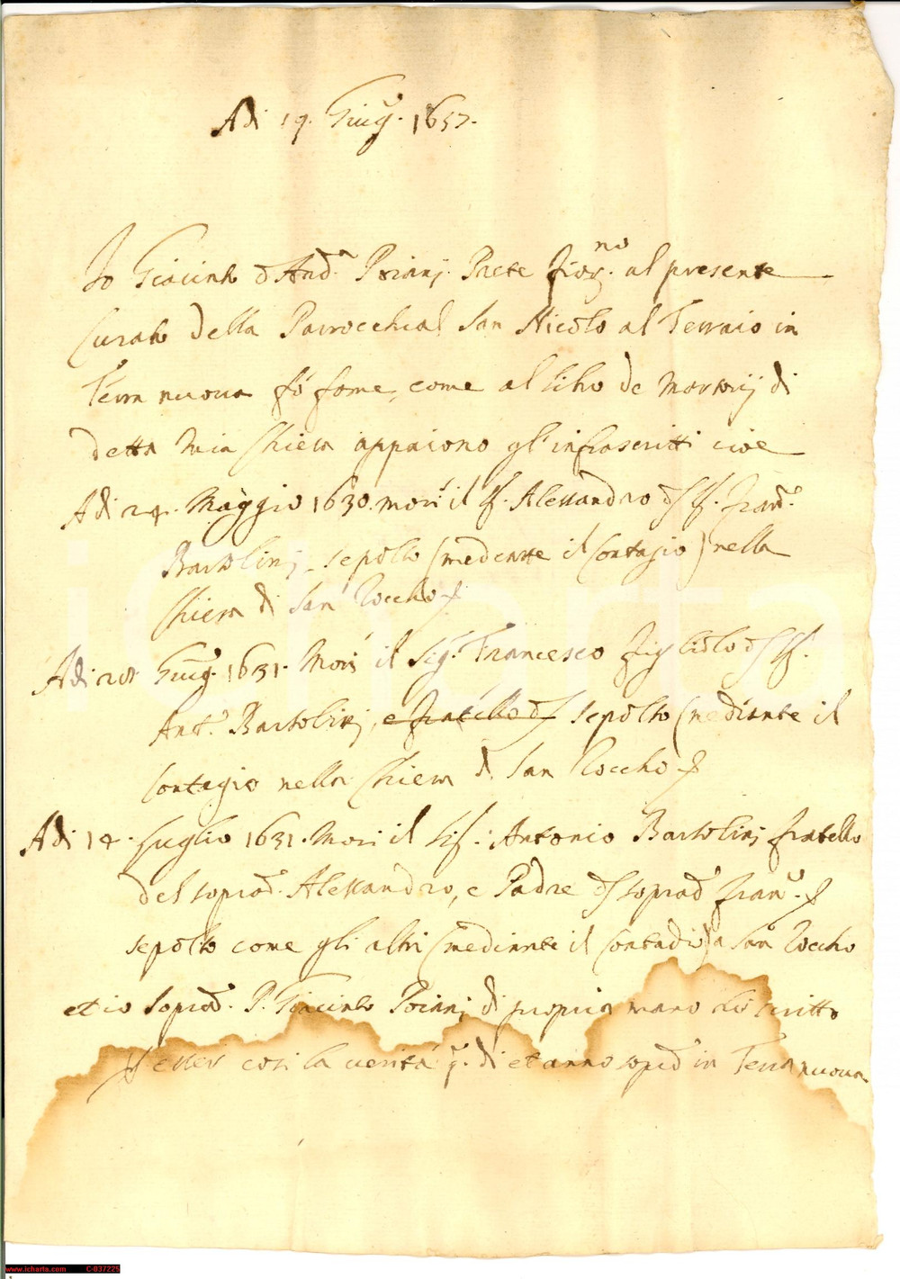 Documento originale, autentico 1647 TERRANUOVA BRACCIOLINI Morte peste fam. BARTOLINI 1