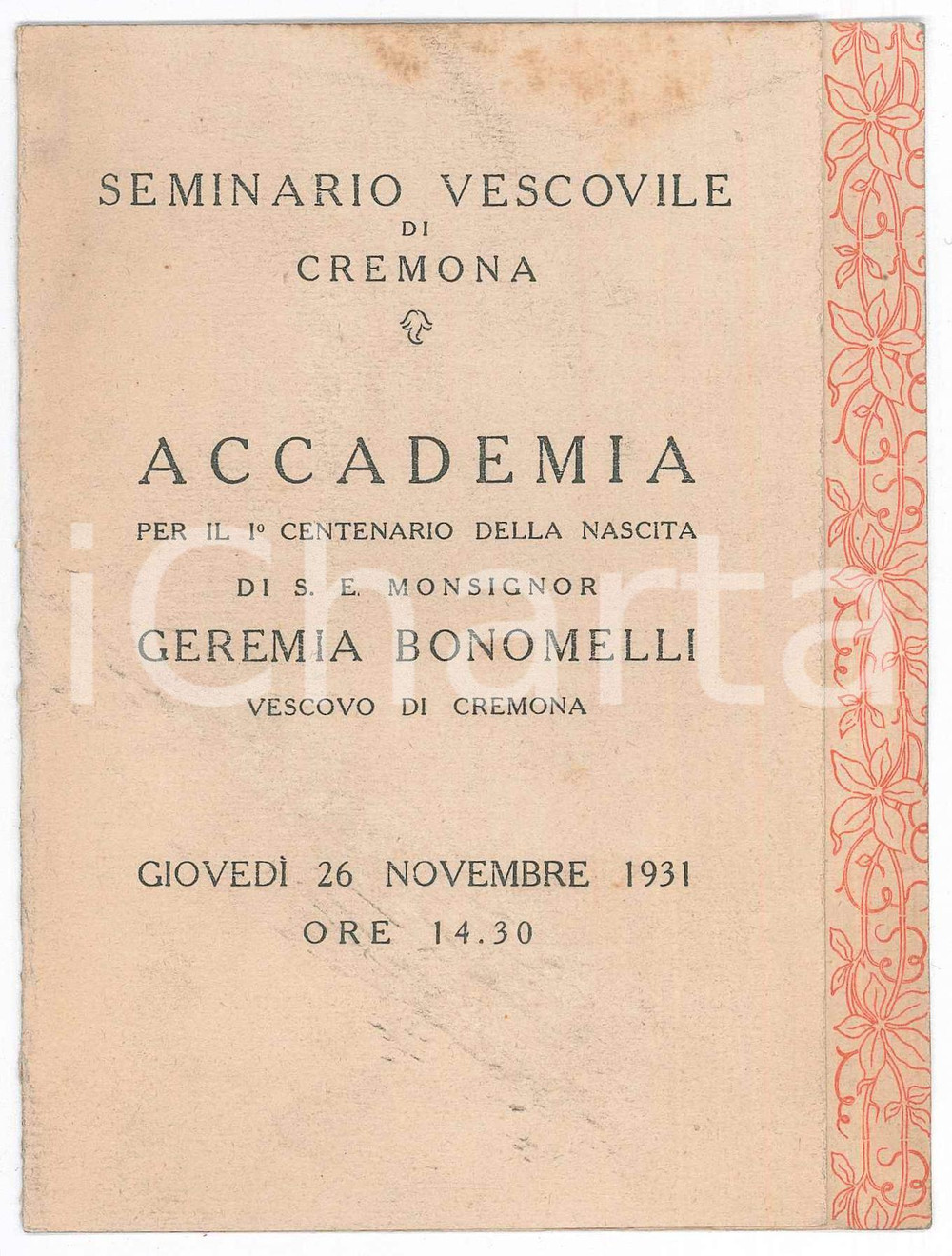 Materiale pubblicitario d’epoca 1931 CREMONA Seminario  Centenario nascita mons. Geremia BONOMELLI Programma 1