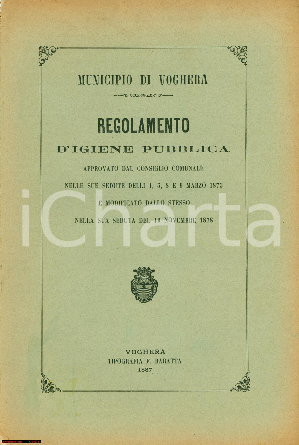 Documento originale, autentico 1887 VOGHERA (PV) Regolamento di igiene pubblica 1