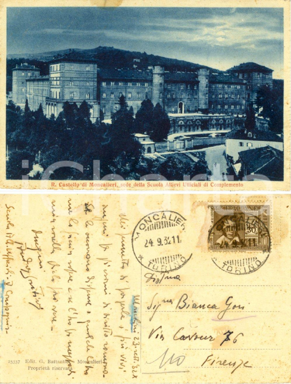 Autografo originale 1932 MONCALIERI (TO) Veduta castello *Andrea SANTINI Scuola Allievi Ufficiali 1
