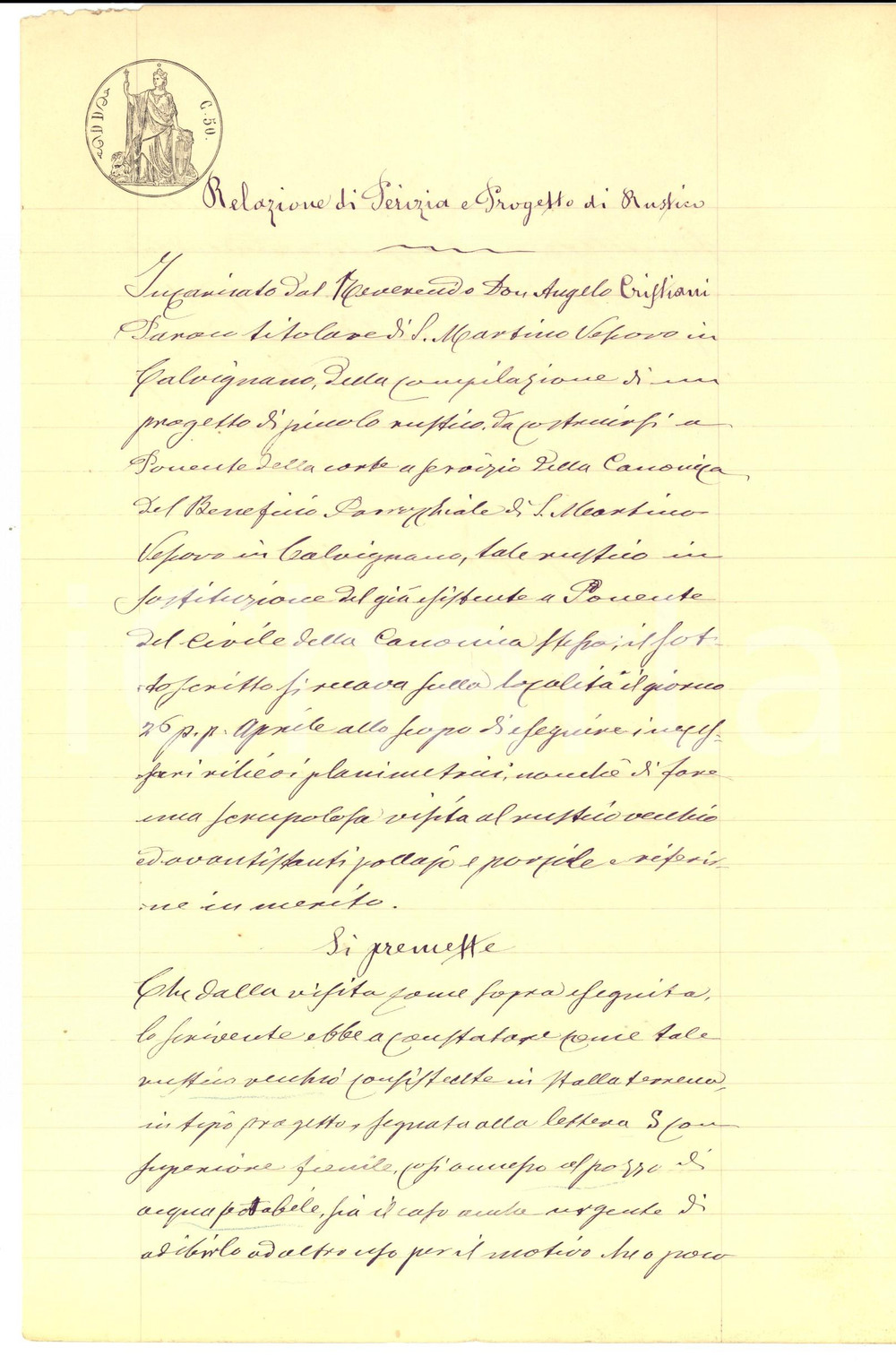 Documento originale, autentico 1915 CALVIGNANO Perizia geom. Adamo FERRARI su rustico parrocchiale per coloni 1
