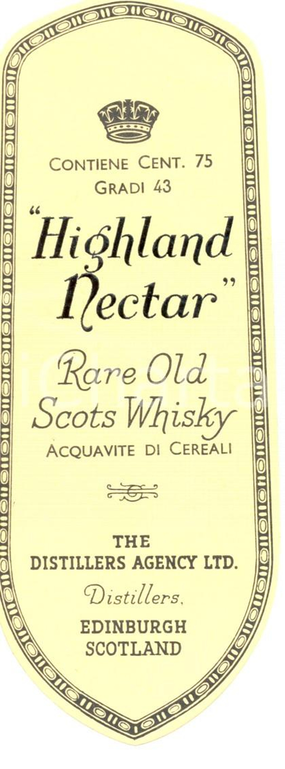 Materiale pubblicitario d’epoca 1970 ca EDINBURGH Distillers Agency HIGHLAND NECTAR Old scots whisky ETICHETTA 1