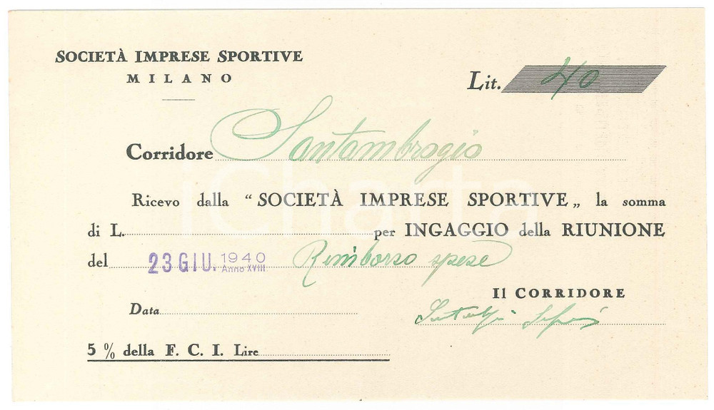 Autografo originale 1940 CICLISMO MILANO Ricevuta Serafino SANTAMBROGIO per ingaggio  AUTOGRAFO 1