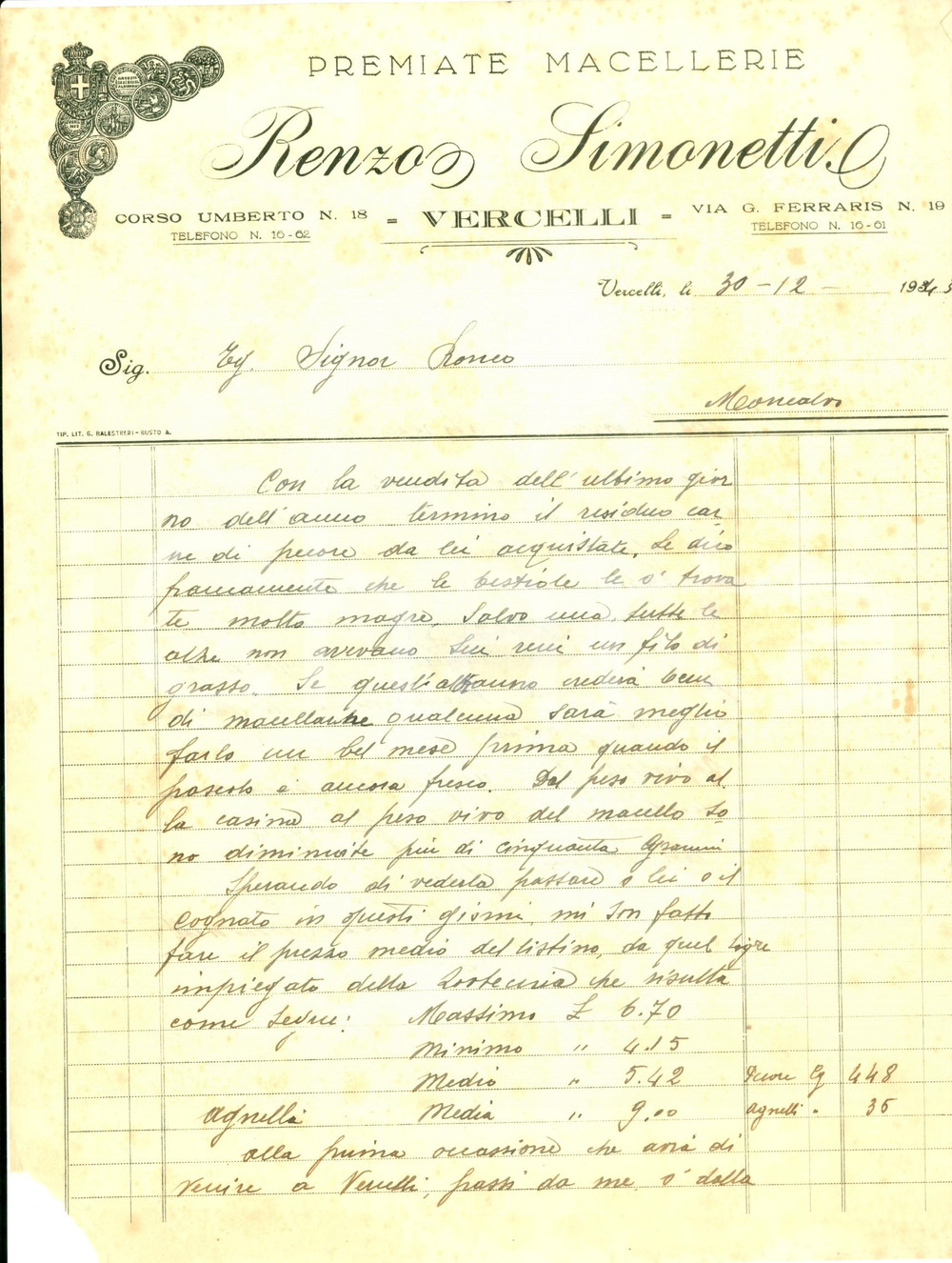 Documento originale, autentico 1943 VERCELLI Renzo SIMONETTI Premiate Macellerie Pecore troppo magre quest anno 1