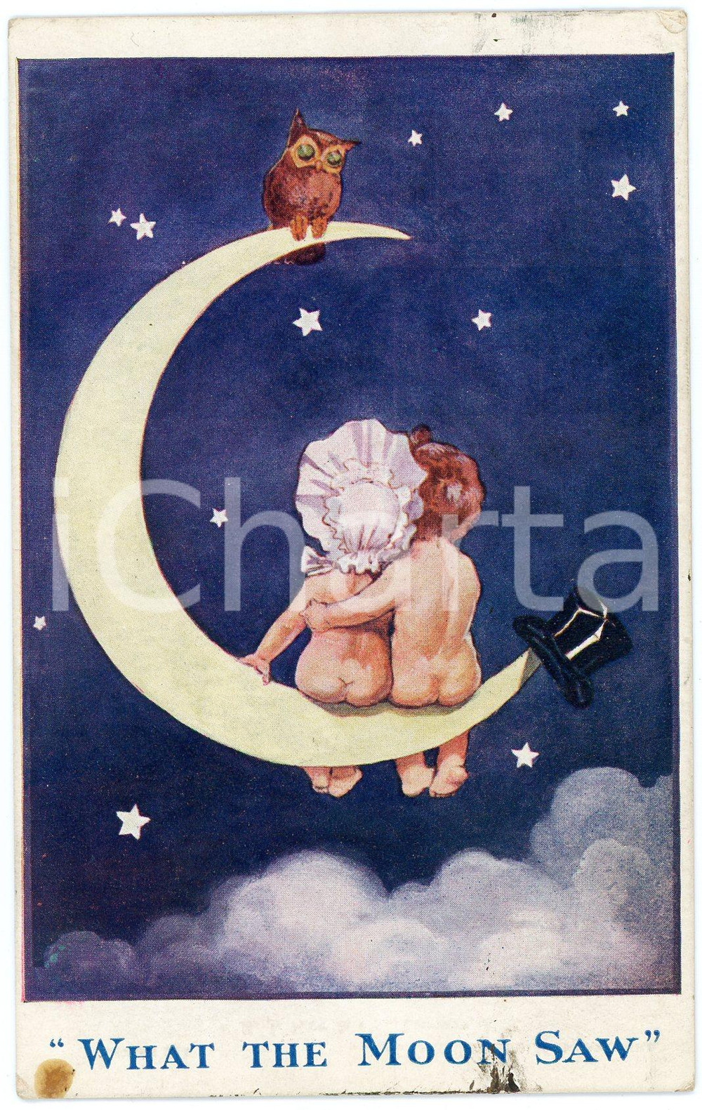 1918 CHILDREN "What the moon saw" - Crescent moon and owl - Postcard  Cartolina postale d'epoca, viaggiata.CONDIZIONI: F (macchie al recto e lievi smussature angolari)FORMATO: FP    originale e autentica 1
