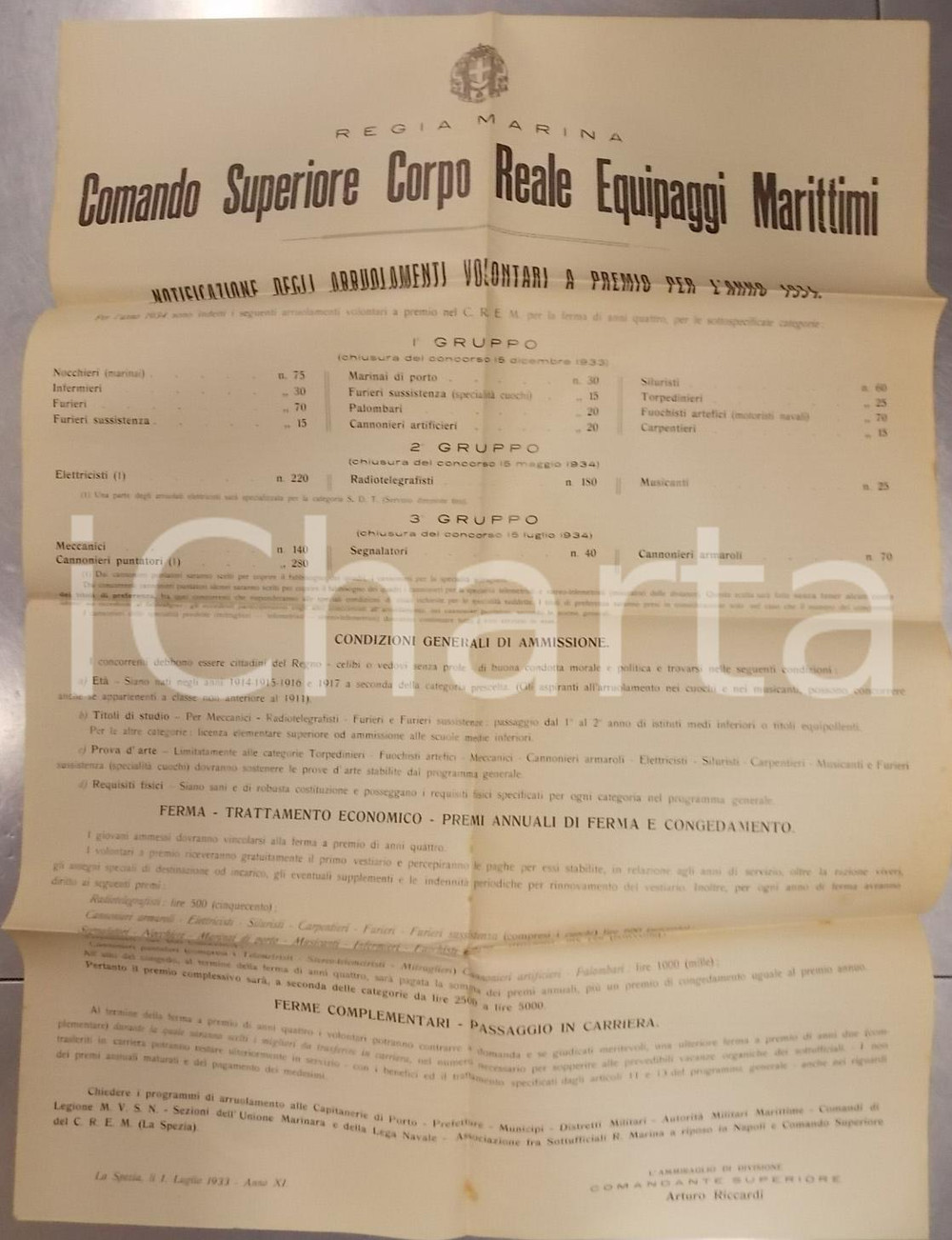 Documento originale, autentico 1933 LA SPEZIA CREM Arruolamenti volontari a premio per il 1934 Manifesto 1