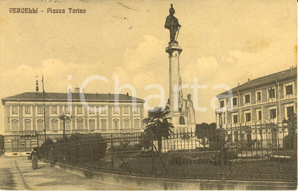 Cartolina originale da collezione 1914 VERCELLI Veduta di piazza TORINO monumento Vittorio Emanuele II FP VG 1