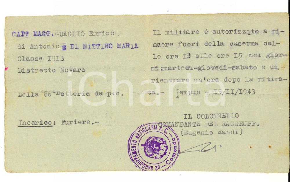 1943 TEMPIO PAUSANIA 52° Raggruppamento Artiglieria P. C. Tessera Enrico GUAGLIO