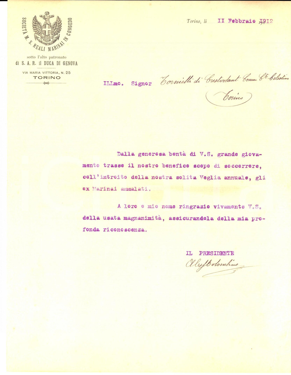 Manoscritto, lettera originale 1912 TORINO Società  Mutuo Soccorso REALI MARINAI in congedo Lettera 1