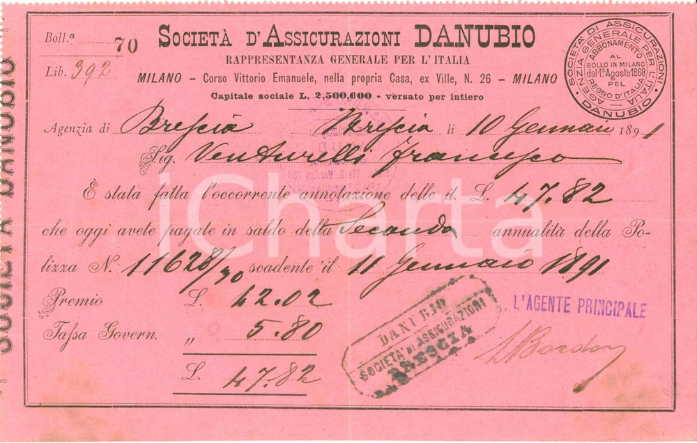 Documento originale, autentico 1891 BRESCIA SocietÃ  Assicurazioni DANUBIO Timbro Leandro BORDONI agente 1