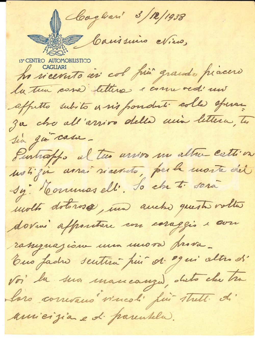 Manoscritto, lettera originale 1938 CAGLIARI 13Â° Centro Automobilistico  Lettera di un soldato nostalgico 1