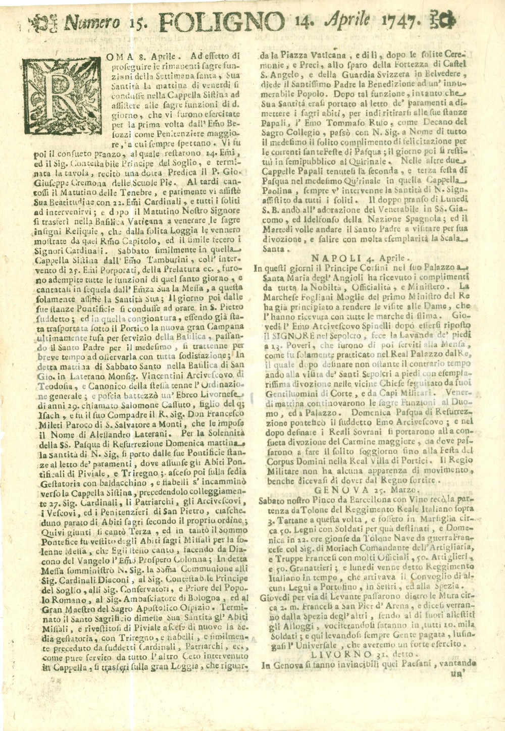 Giornale, rivista storica 1747 GIORNALE DI FOLIGNO n. 15 Immense spese a VIENNA per continuare la guerra 1