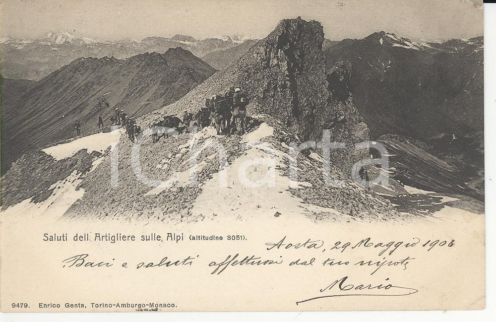 1903 AOSTA ALPINISMO - Artigliere sulle Alpi - Cartolina ANIMATA FP VG