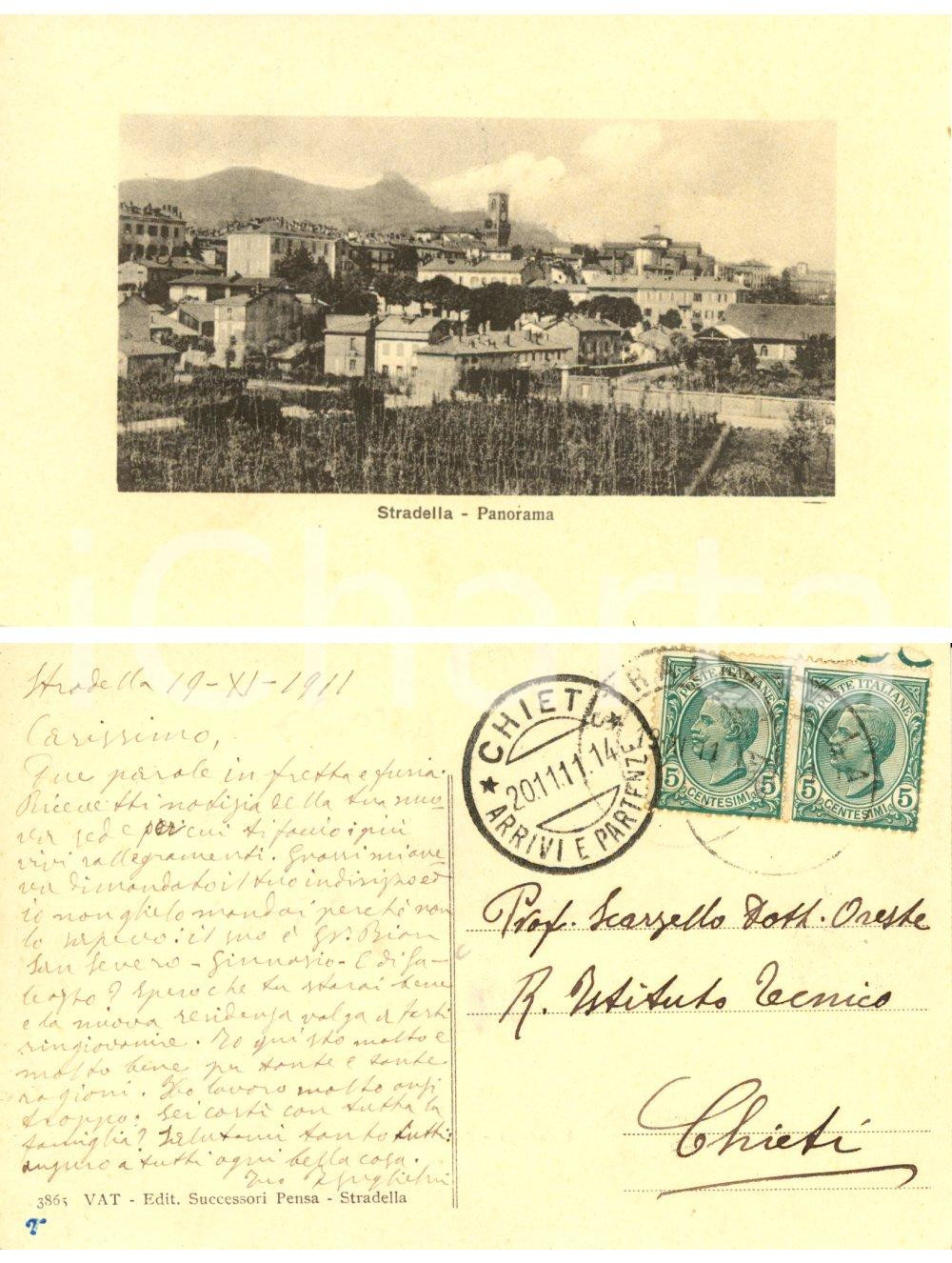 Cartolina originale da collezione 1911 STRADELLA (PV) Panorama *Cartolina a Oreste SCARZELLO FP VG 1