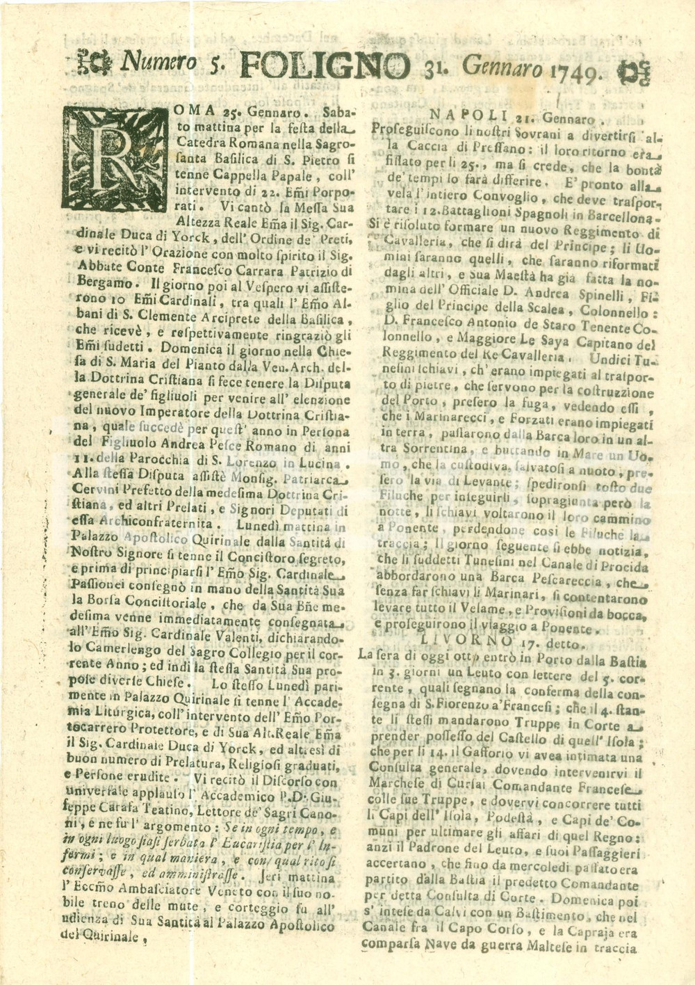 Giornale, rivista storica 1749 GIORNALE DI FOLIGNO n. 5 Celebrazioni festa Cattedra Romana in SAN PIETRO 1