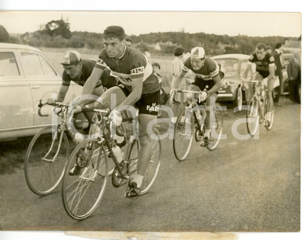 1959 CICLISMO PARIS-TOURS Rik VAN LOOY in fuga prima della vittoria *Foto 18x13 Fotografia d'epoca con didascalia coeva.  CONDIZIONI: FAIR (bassa qualit&agrave; di stampa e lievi aloni) FORMATO: 18x13 cm     originale e autentica 1