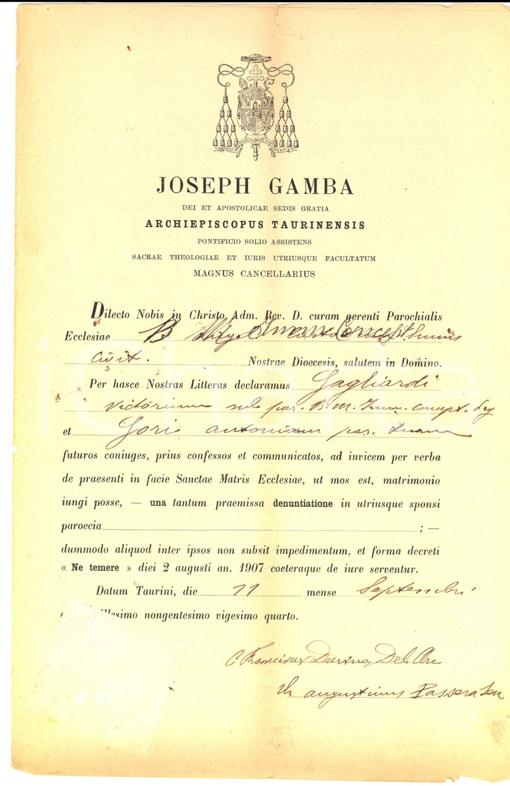 Documento originale, autentico 1924 TORINO Matrimonio Vittorio GAGLIARDI - Antonio GORI *Mons. Giuseppe GAMBA 1