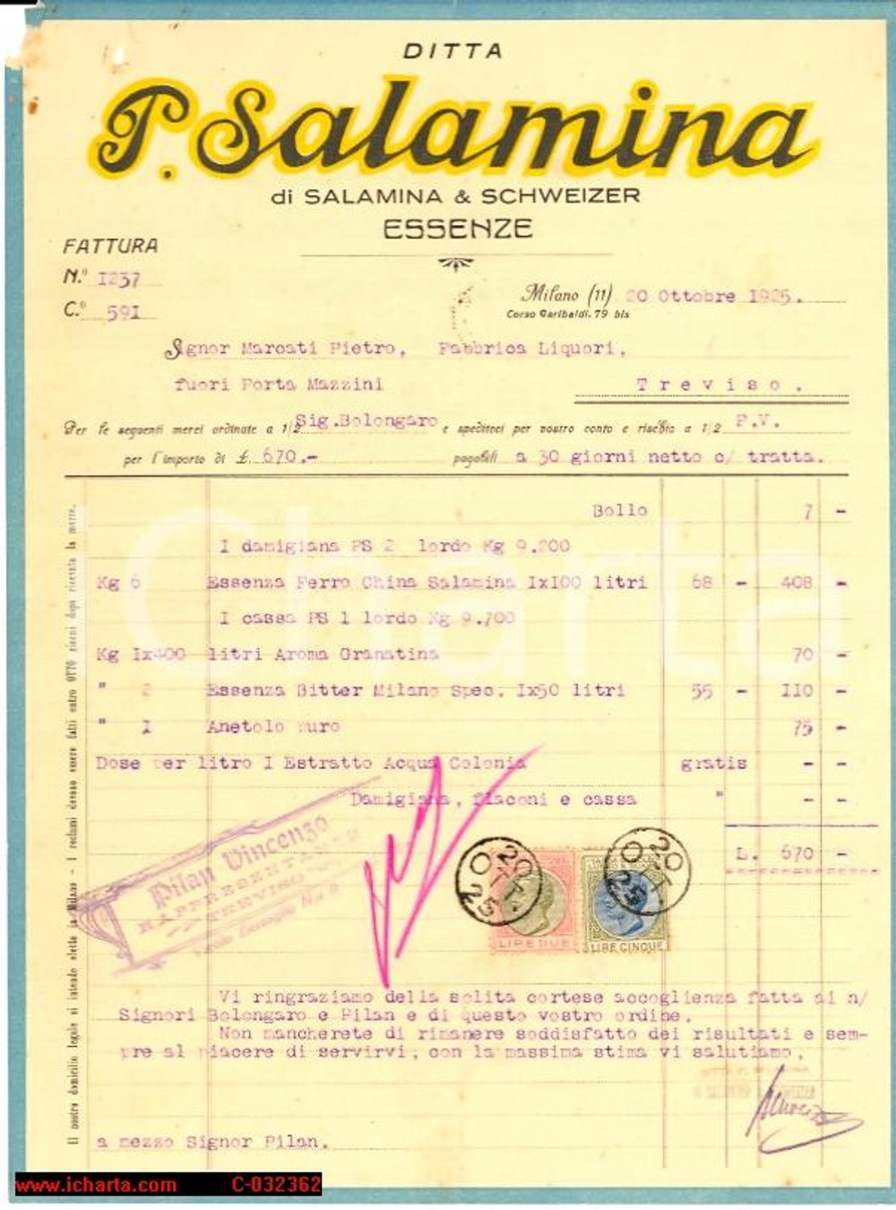 Documento originale, autentico 1925 SALAMINA & SCHWEIZER Essenze Milano 1