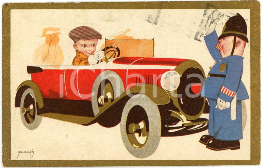 1930 CHILDREN Illustration by EMMEPÌ Policeman stops child on a car - Postcard Cartolina postale d'epoca, viaggiata.CONDIZIONI: FAIR FORMATO: FP    originale e autentica 1
