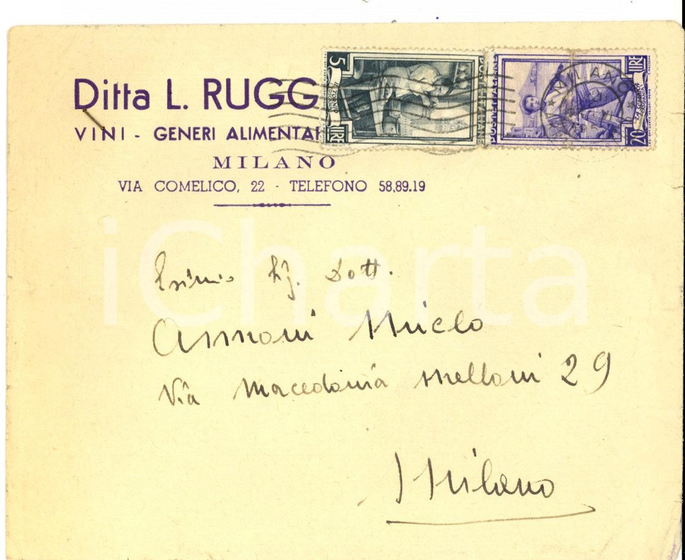 Oggetto da collezione cartaceo 1951 MILANO Ditta L. RUGGERI & C. Vini Busta affrancata serie ITALIA AL LAVORO 1