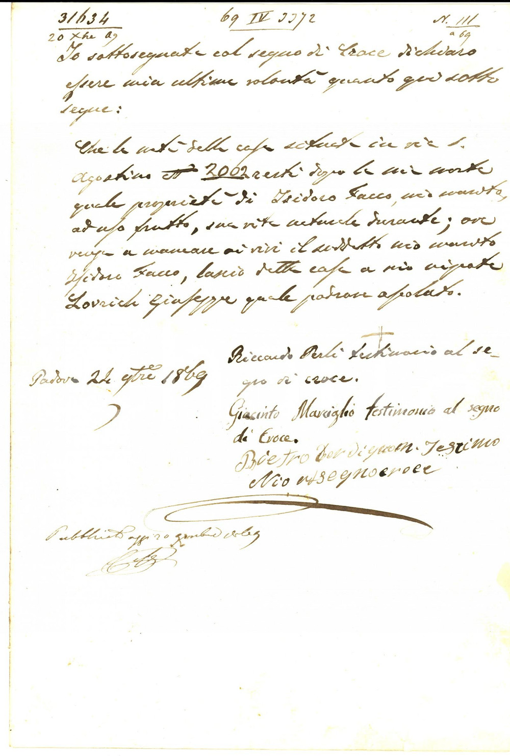 Documento originale, autentico 1869 PADOVA Testamento di Maria MARETTO con usufrutto al marito Isidoro FACCO 1