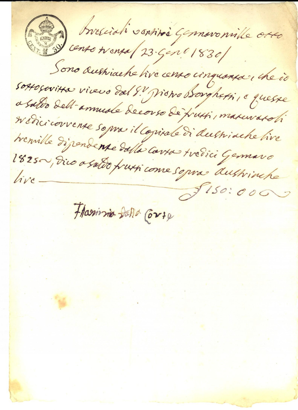 Manoscritto, lettera originale 1830 BRESCIA Flaminia MONTI DELLA CORTE riceve interessi su capitale Autografo 1