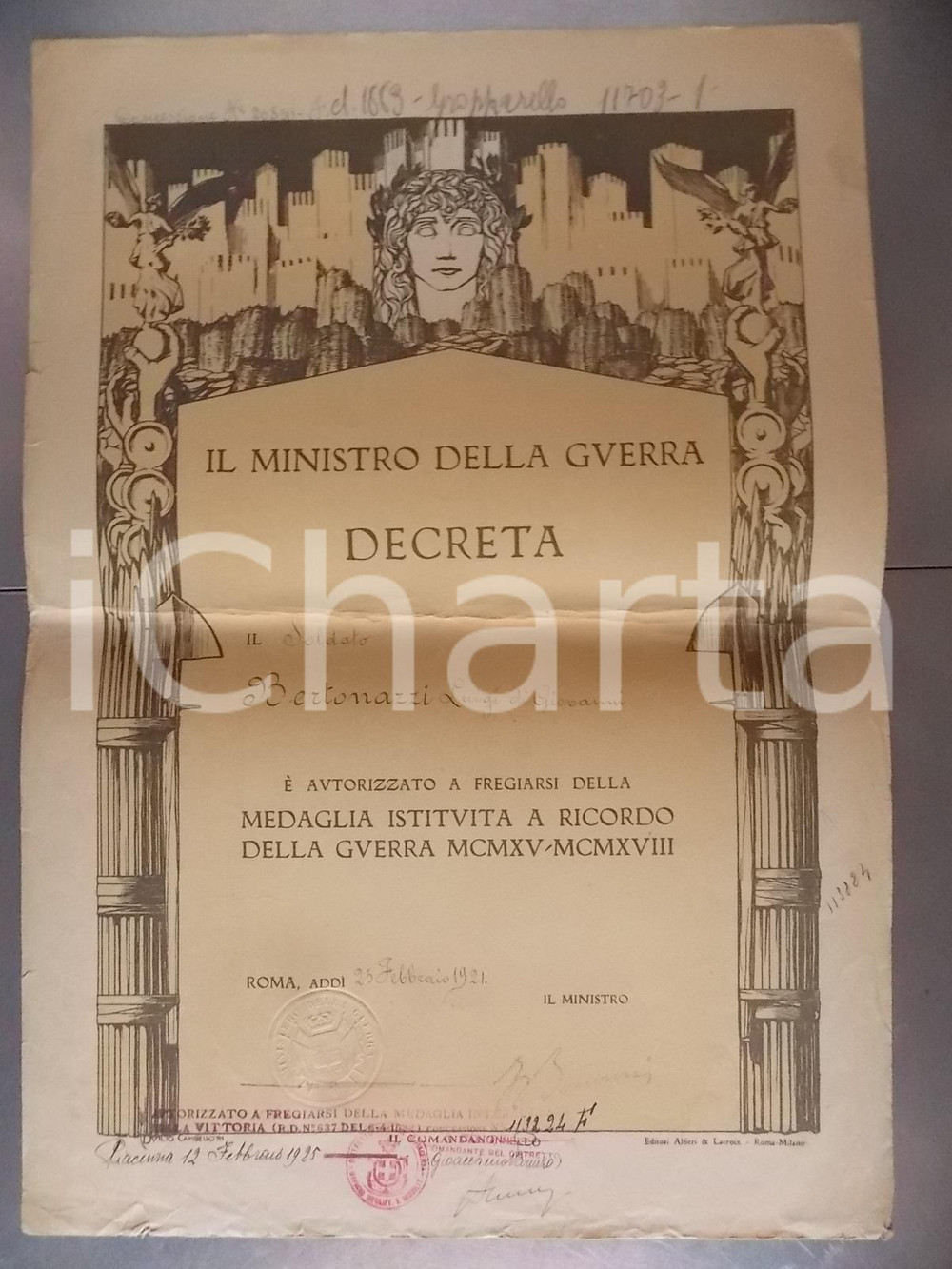 Documento originale, autentico 1921 ROMA Attestato a Luigi BERTONAZZI Medaglia ricordo guerra 19151918 1