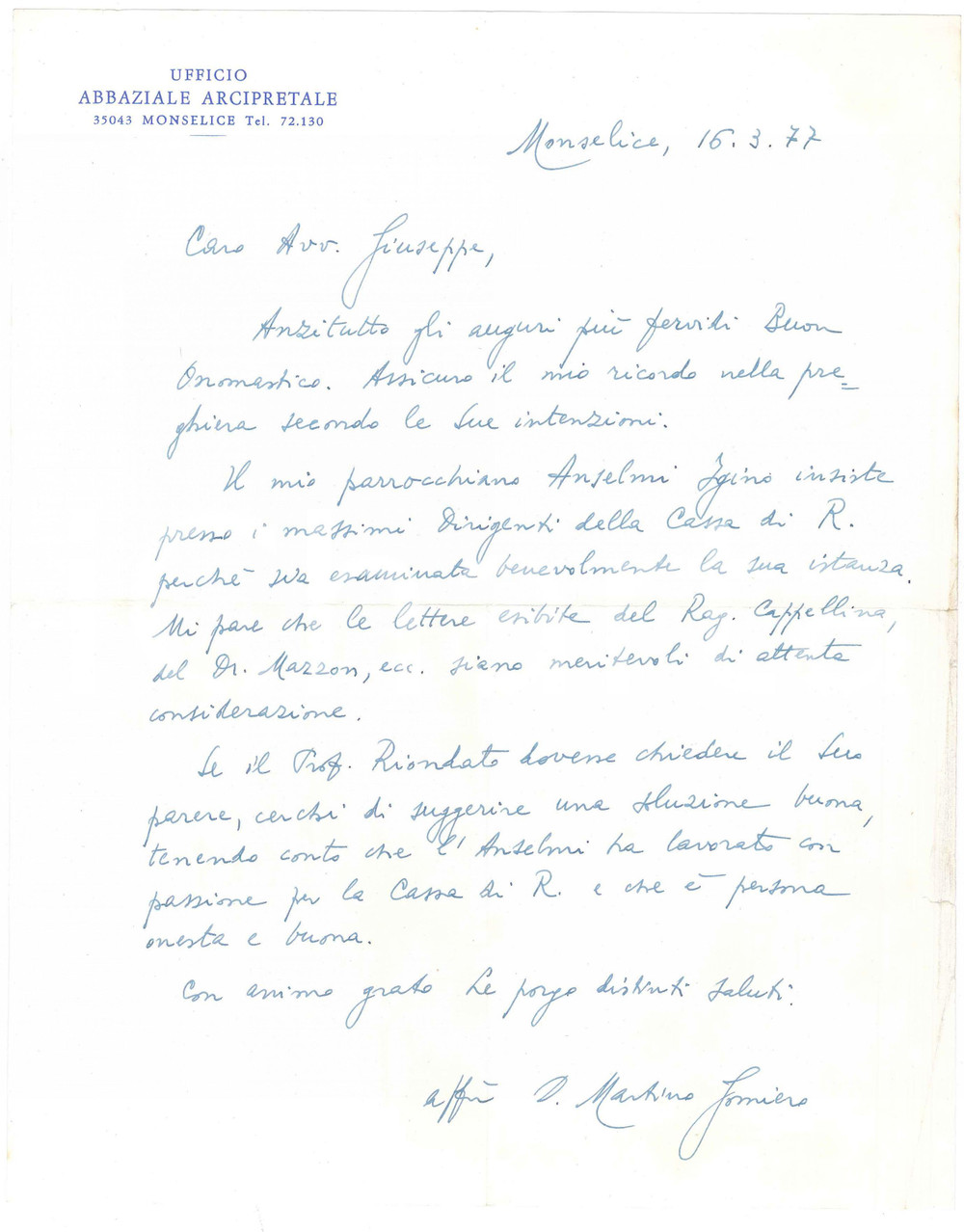 Autografo originale 1977 MONSELICE PD Lettera don Martino GOMIERO  Ufficio Arcipretale AUTOGRAFO 1