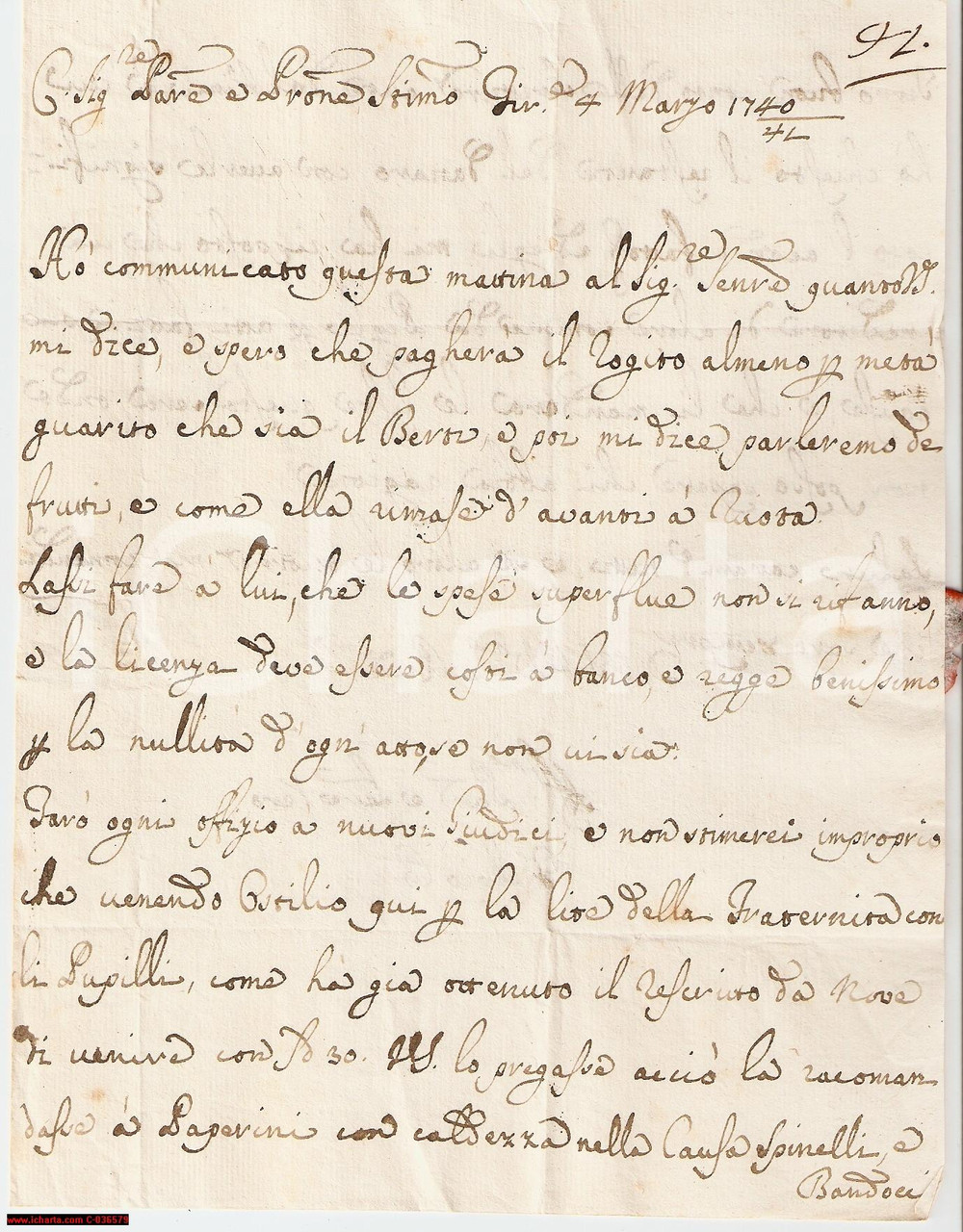 Manoscritto, lettera originale 1740 AREZZO Fulvio BACCI scrive al parente contro la Fraternita de  Pupilli 1