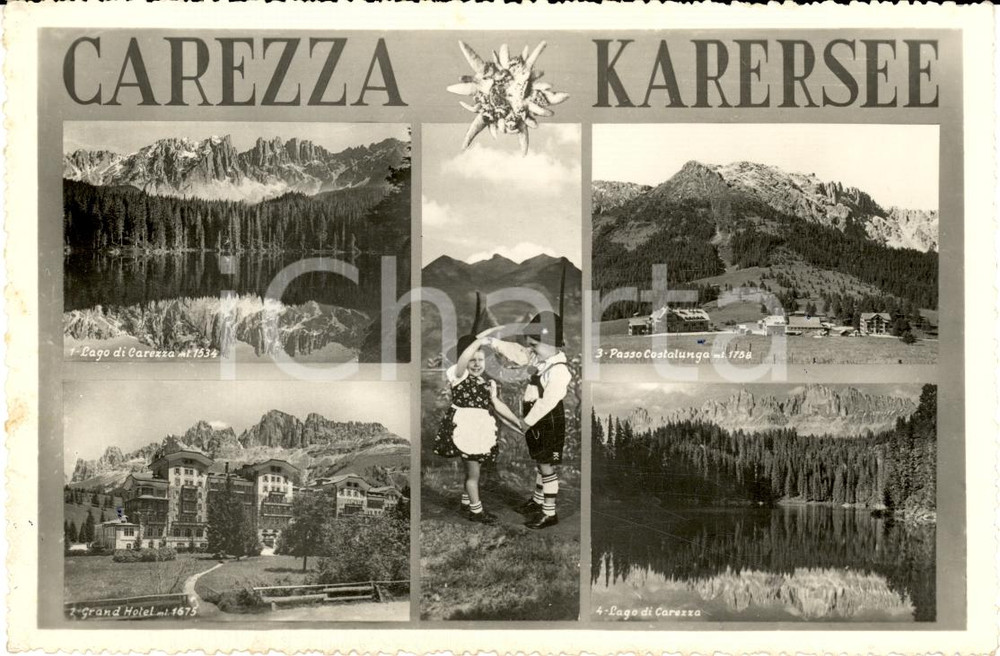 Cartolina originale da collezione 1954 KARERSEE BZ Vedutine lago CAREZZA bimbi costume 1