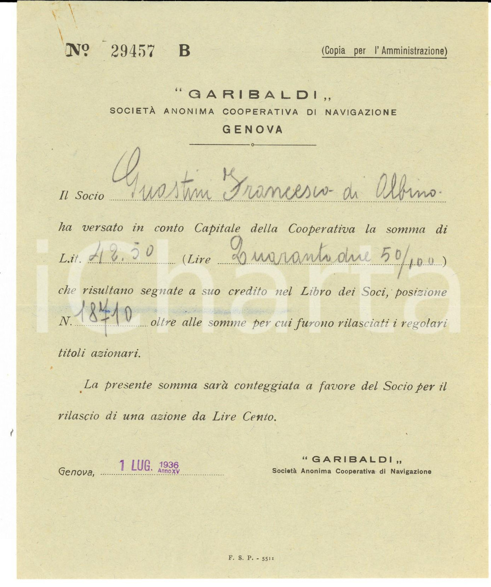 Documento originale, autentico 1936 GENOVA SocietÃ  Navigazione GARIBALDI  Versamento socio Francesco GUASTINI 1