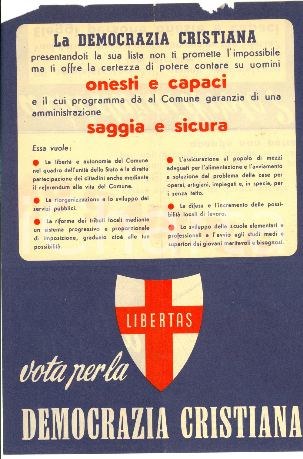 Materiale pubblicitario d’epoca 1965 ca DEMOCRAZIA CRISTIANA Uomini onesti Volantino elezioni comunali 1
