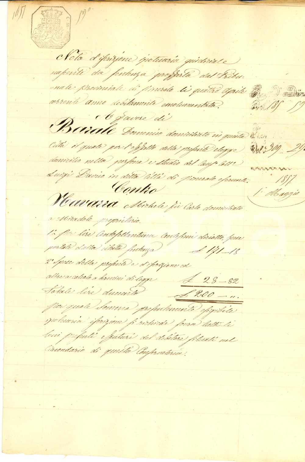Documento originale, autentico 1857 PINEROLO (TO) Iscrizione Domenico BARALE vs Michele RAVAZZA per capitale 1