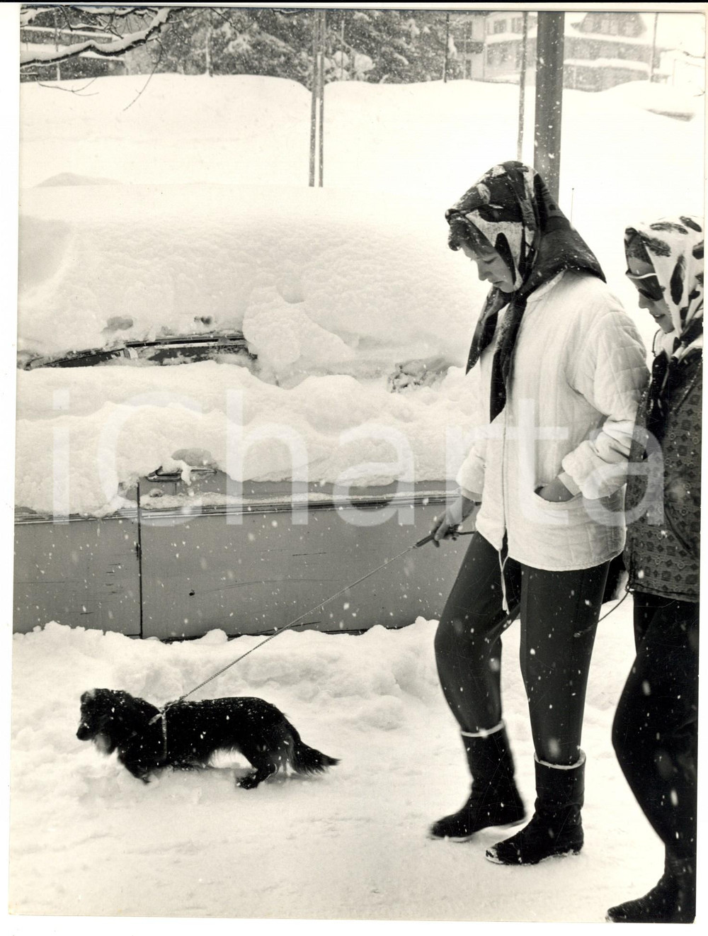 Fotografia d epoca originale 1960 ca KLOSTERS CH Paola del BELGIO passeggia sotto la neve Foto 18x24 1