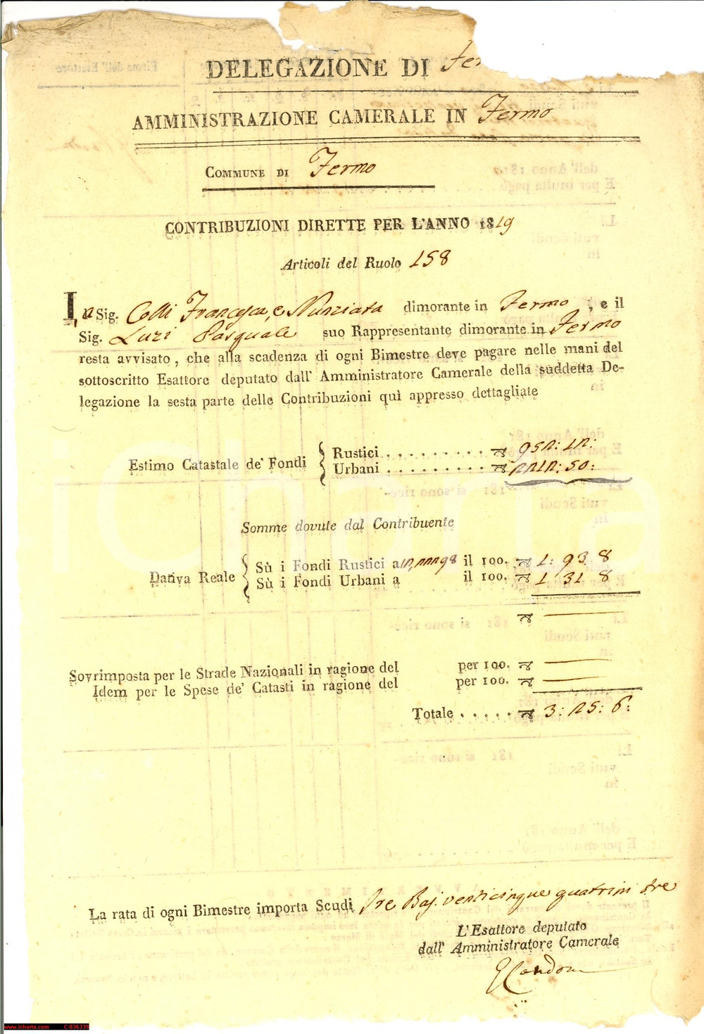 Documento originale, autentico 1819 FERMO estimo proprietÃ  Francesca e Nunziata COLLI 1