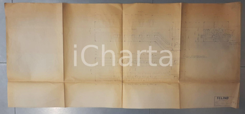 Mappa, planimetria storica 1953 MILANO  Ditta FELIND  Forno a metano riscaldo billette  Disegno 103x46 1