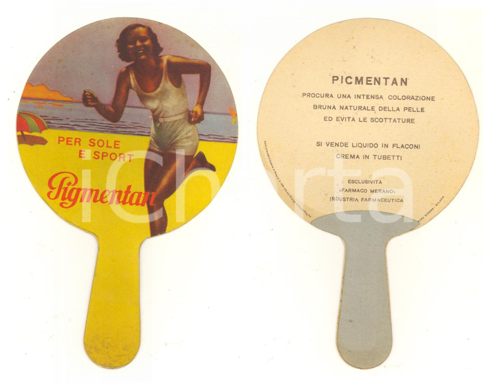 Materiale pubblicitario d’epoca 1950 ca PIGMENTAN crema abbronzante  Racchetta pubblicitaria 20x13 cm 1